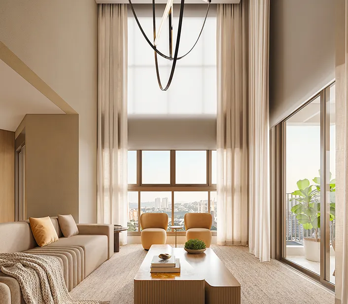 LIVING COM PÉ-DIREITO DUPLO DE 5,60M, DO APTO. DE 156M² Perspectiva artística